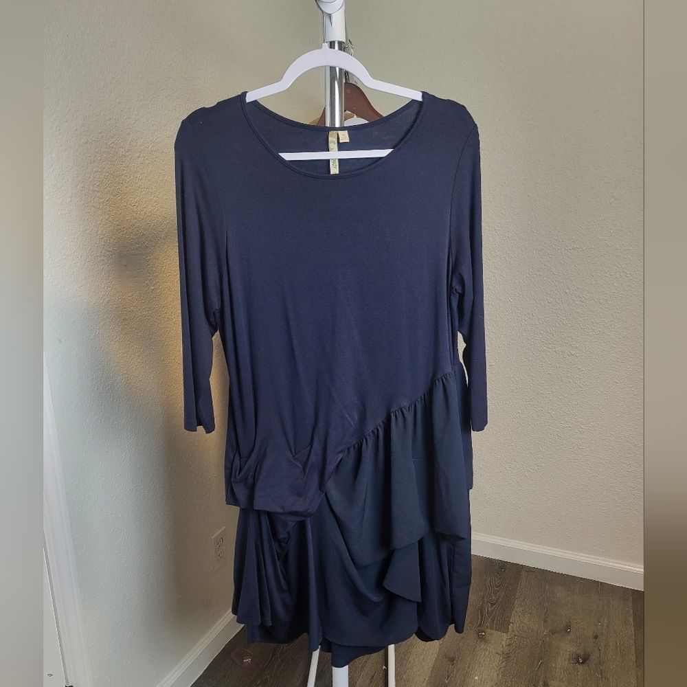 Comfy USA Lagenlook Navy Blue Ruffle Soft Dress Medium